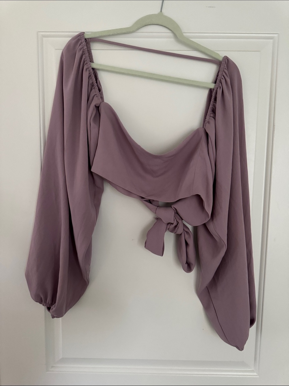 Tie-Front Lilac Crop Top with Balloon Sleeves